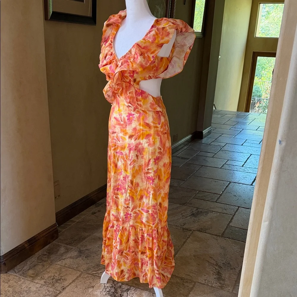 Zara Flutter-Sleeve linen Open-Back Maxi Dress in Orange Floral - Picture 13 of 15